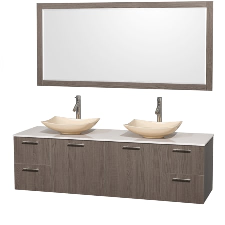 Grey Oak Vanity with White Stone Top and Arista Ivory Marble Sinks