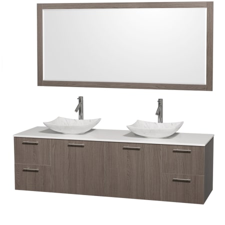 Grey Oak Vanity with White Stone Top and Arista White Carrera Marble Sinks