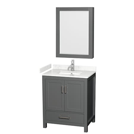 Wyndham Collection Sheffield 30" Free Standing Single Basin Vanity Set with Cabinet, Cultured Marble Vanity Top, and Medicine Cabinet Dark Gray / Carrara Cultured Marble Top / Brushed Chrome Hardware