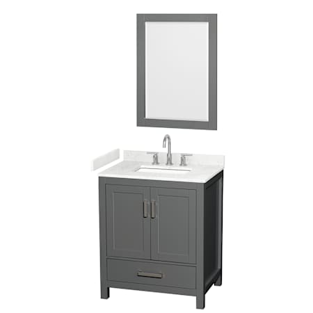 Wyndham Collection Sheffield 30" Free Standing Single Basin Vanity Set with Cabinet, Cultured Marble Vanity Top for Widespread Faucets, and Framed Mirror Dark Gray / Carrara Cultured Marble Top / Brushed Chrome Hardware