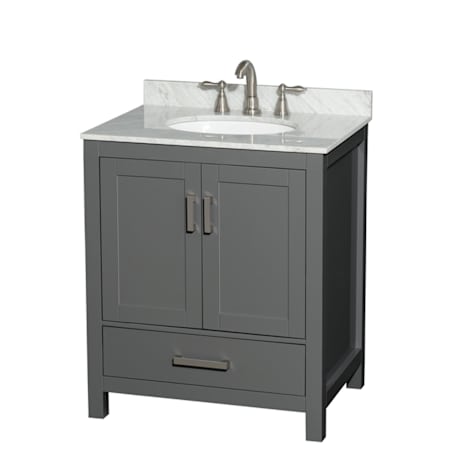 Wyndham Collection Sheffield 30" Free Standing Single Basin Vanity Set with Cabinet and Marble Vanity Top Dark Gray / White Carrara Marble Top / Brushed Chrome Hardware