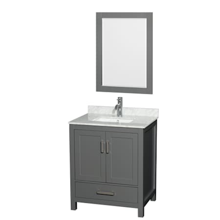 Wyndham Collection Sheffield 30" Free Standing Single Basin Vanity Set with Cabinet, Marble Vanity Top, and Framed Mirror Dark Gray / White Carrara Marble Top / Brushed Chrome Hardware