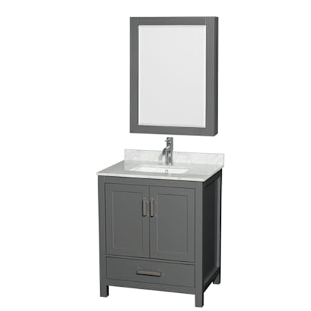 Wyndham Collection Sheffield 30" Free Standing Single Basin Vanity Set with Cabinet, Marble Vanity Top, and Medicine Cabinet Dark Gray / White Carrara Marble Top / Brushed Chrome Hardware