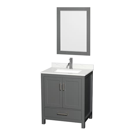 Wyndham Collection Sheffield 30" Free Standing Single Basin Vanity Set with Cabinet, Quartz Vanity Top, and Framed Mirror Dark Gray / Giotto Quartz Top / Brushed Chrome Hardware