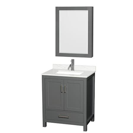 Wyndham Collection Sheffield 30" Free Standing Single Basin Vanity Set with Cabinet, Quartz Vanity Top, and Medicine Cabinet Dark Gray / Giotto Quartz Top / Brushed Chrome Hardware