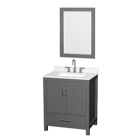 Wyndham Collection Sheffield 30" Free Standing Single Basin Vanity Set with Cabinet, Quartz Vanity Top, and Framed Mirror Dark Gray / Giotto Quartz Top / Brushed Chrome Hardware