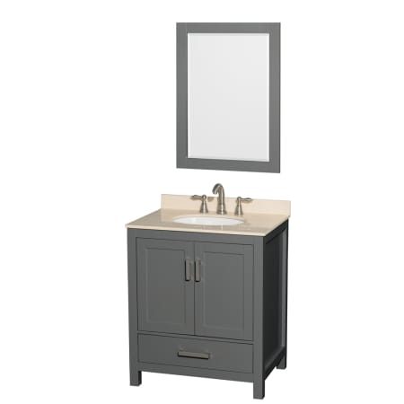 Wyndham Collection Sheffield 30" Free Standing Single Basin Vanity Set with Cabinet, Marble Vanity Top, and Framed Mirror Dark Gray / Ivory Top