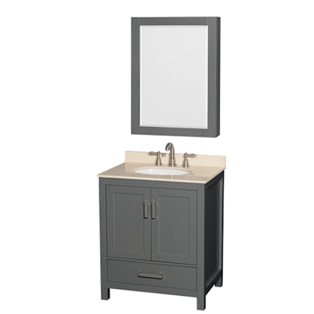 Wyndham Collection Sheffield 30" Free Standing Single Basin Vanity Set with Cabinet, Marble Vanity Top, and Medicine Cabinet Dark Gray / Ivory Top