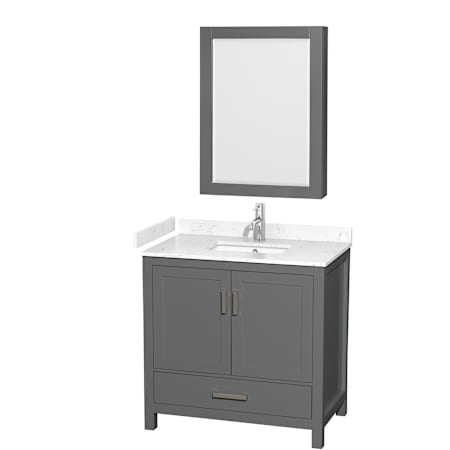 Wyndham Collection Sheffield 36" Free Standing Single Basin Vanity Set with Cabinet, Cultured Marble Vanity Top, and Medicine Cabinet Dark Gray / Carrara Cultured Marble Top / Brushed Chrome Hardware