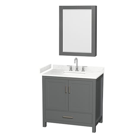 Wyndham Collection Sheffield 36" Free Standing Single Basin Vanity Set with Cabinet, Cultured Marble Vanity Top for Widespread Faucets, and Medicine Cabinet Dark Gray / Carrara Cultured Marble Top / Brushed Chrome Hardware
