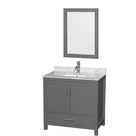 Wyndham Collection Sheffield 36" Free Standing Single Basin Vanity Set with Cabinet, Marble Vanity Top, and Framed Mirror Dark Gray / White Carrara Marble Top / Brushed Chrome Hardware