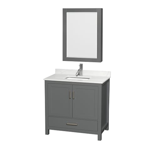 Wyndham Collection Sheffield 36" Free Standing Single Basin Vanity Set with Cabinet, Quartz Vanity Top, and Medicine Cabinet Dark Gray / Giotto Quartz Top / Brushed Chrome Hardware