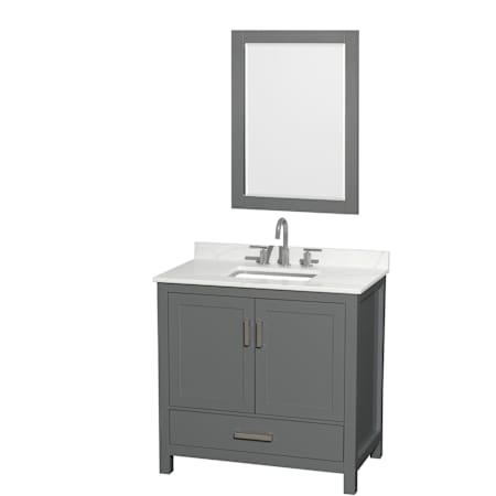 Wyndham Collection Sheffield 36" Free Standing Single Basin Vanity Set with Cabinet, Quartz Vanity Top, and Framed Mirror Dark Gray / Giotto Quartz Top / Brushed Chrome Hardware