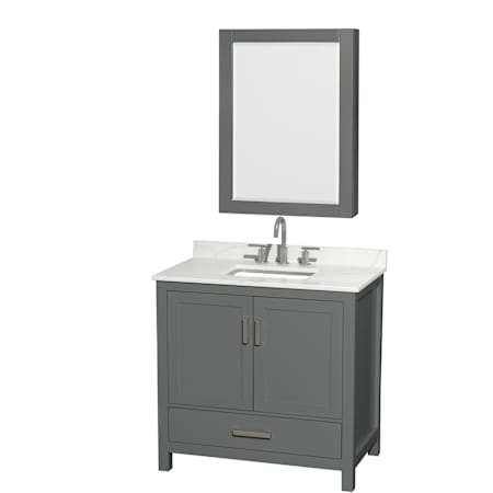 Wyndham Collection Sheffield 36" Free Standing Single Basin Vanity Set with Cabinet, Quartz Vanity Top, and Medicine Cabinet Dark Gray / Giotto Quartz Top / Brushed Chrome Hardware