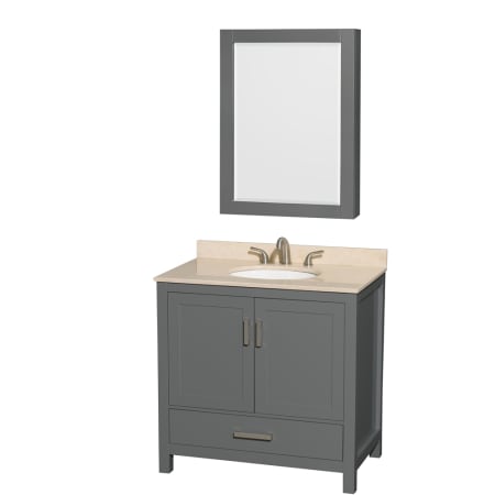 Wyndham Collection Sheffield 36" Free Standing Single Basin Vanity Set with Cabinet, Marble Vanity Top, and Medicine Cabinet Dark Gray / Ivory Top
