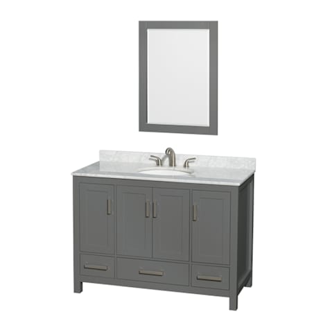 Wyndham Collection Sheffield 48" Freestanding Single Basin Vanity Set with Hardwood Cabinet, Marble Vanity Top, and Framed Mirror Dark Gray / White Carrara Marble Top / Brushed Chrome Hardware