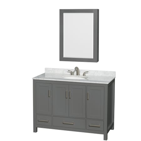 Wyndham Collection Sheffield 48" Freestanding Single Basin Vanity Set with Hardwood Cabinet, Marble Vanity Top, and Medicine Cabinet Dark Gray / White Carrara Marble Top / Brushed Chrome Hardware