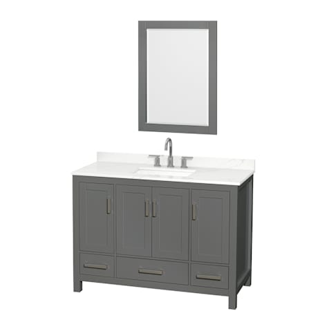Wyndham Collection Sheffield 48" Free Standing Single Basin Vanity Set with Cabinet, Quartz Vanity Top, and Framed Mirror Dark Gray / Giotto Quartz Top / Brushed Chrome Hardware