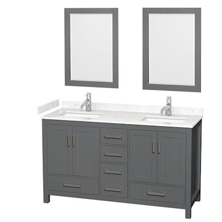 Wyndham Collection Sheffield 60" Free Standing Double Basin Vanity Set with Cabinet, Cultured Marble Vanity Top, and Framed Mirrors Dark Gray / Carrara Cultured Marble Top / Brushed Chrome Hardware