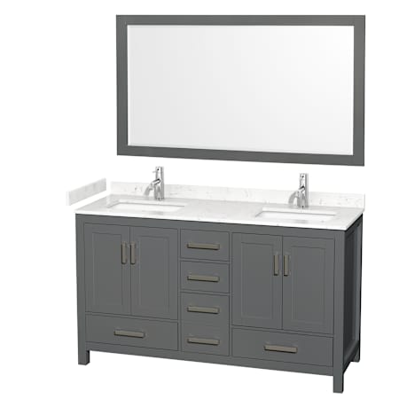 Wyndham Collection Sheffield 60" Free Standing Double Basin Vanity Set with Cabinet, Cultured Marble Vanity Top, and Framed Mirror Dark Gray / Carrara Cultured Marble Top / Brushed Chrome Hardware