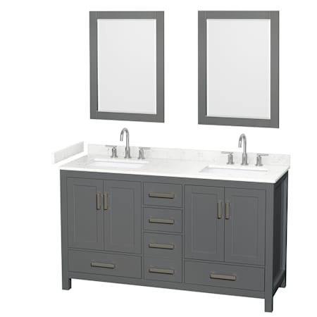 Wyndham Collection Sheffield 60" Free Standing Double Basin Vanity Set with Cabinet, Cultured Marble Vanity Top for Widespread Faucets, and Framed Mirror Set Dark Gray / Carrara Cultured Marble Top / Brushed Chrome Hardware