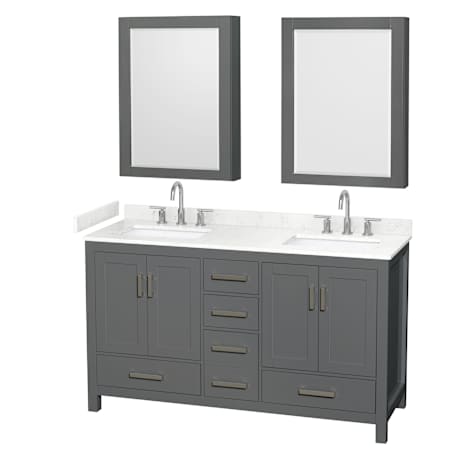 Wyndham Collection Sheffield 60" Free Standing Double Basin Vanity Set with Cabinet, Cultured Marble Vanity Top for Widespread Faucets, and Medicine Cabinet Dark Gray / Carrara Cultured Marble Top / Brushed Chrome Hardware