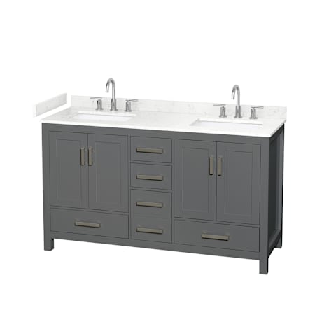 Wyndham Collection Sheffield 60" Free Standing Double Basin Vanity Set with Cabinet and Cultured Marble Vanity Top for Widespread Faucets Dark Gray / Carrara Cultured Marble Top / Brushed Chrome Hardware
