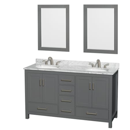 Wyndham Collection Sheffield 60" Free Standing Double Basin Vanity Set with Hardwood Cabinet, Marble Vanity Top, Framed Mirrors, and Undermount Oval Sinks Dark Gray / White Carrara Marble Top / Brushed Chrome Hardware
