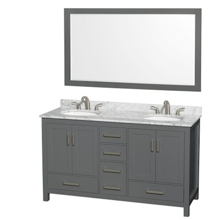 Wyndham Collection Sheffield 60" Free Standing Double Basin Vanity Set with Cabinet, Marble Vanity Top, and Framed Mirror Dark Gray / White Carrara Marble Top / Brushed Chrome Hardware