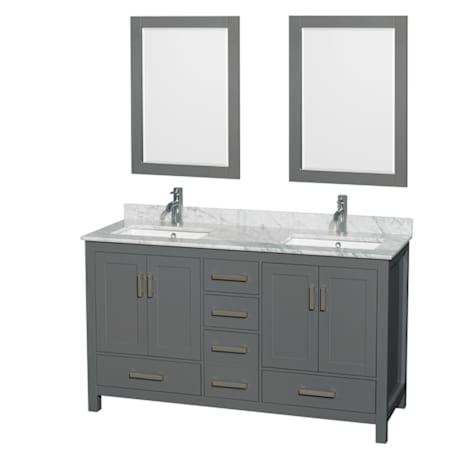 Wyndham Collection Sheffield 60" Free Standing Double Basin Vanity Set with Hardwood Cabinet, Marble Vanity Top, Framed Mirrors, and Undermount Rectangular Sinks Dark Gray / White Carrara Marble Top / Brushed Chrome Hardware