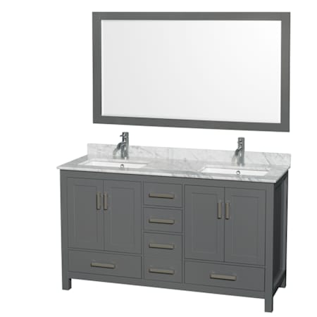 Wyndham Collection Sheffield 60" Free Standing Double Basin Vanity Set with Cabinet, Marble Vanity Top, and Framed Mirror Dark Gray / White Carrara Marble Top / Brushed Chrome Hardware