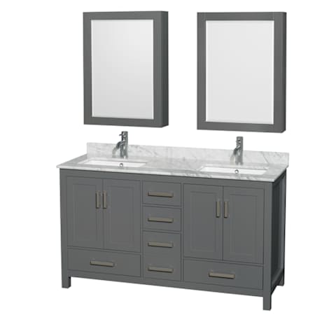 Wyndham Collection Sheffield 60" Free Standing Double Basin Vanity Set with Cabinet, Marble Vanity Top, and Medicine Cabinets Dark Gray / White Carrara Marble Top / Brushed Chrome Hardware
