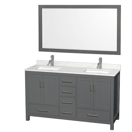 Wyndham Collection Sheffield 60" Free Standing Double Basin Vanity Set with Cabinet, Quartz Vanity Top, and Framed Mirror Dark Gray / Giotto Quartz Top / Brushed Chrome Hardware