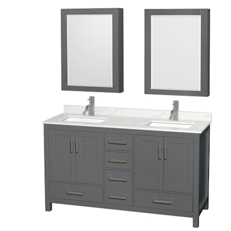 Wyndham Collection Sheffield 60" Free Standing Double Basin Vanity Set with Cabinet, Quartz Vanity Top, and Medicine Cabinet Dark Gray / Giotto Quartz Top / Brushed Chrome Hardware
