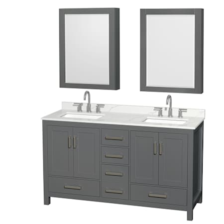 Wyndham Collection Sheffield 60" Free Standing Double Basin Vanity Set with Cabinet, Quartz Vanity Top, and Medicine Cabinet Dark Gray / Giotto Quartz Top / Brushed Chrome Hardware