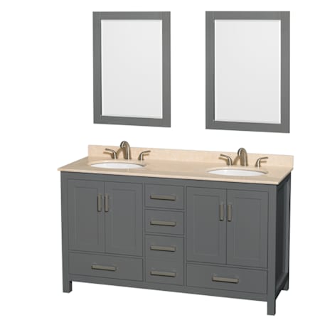 Wyndham Collection Sheffield 60" Free Standing Double Basin Vanity Set with Hardwood Cabinet, Marble Vanity Top, Framed Mirrors, and Undermount Oval Sinks Dark Gray / Ivory Top
