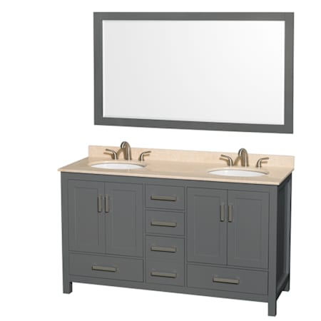 Wyndham Collection Sheffield 60" Free Standing Double Basin Vanity Set with Cabinet, Marble Vanity Top, and Framed Mirror Dark Gray / Ivory Top