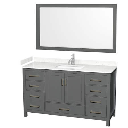 Wyndham Collection Sheffield 60" Free Standing Single Basin Vanity Set with Cabinet, Cultured Marble Vanity Top, and Framed Mirror Dark Gray / Carrara Cultured Marble Top / Brushed Chrome Hardware
