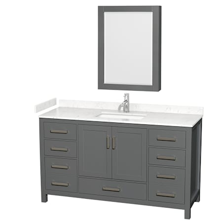 Wyndham Collection Sheffield 60" Free Standing Single Basin Vanity Set with Cabinet, Cultured Marble Vanity Top, and Medicine Cabinet Dark Gray / Carrara Cultured Marble Top / Brushed Chrome Hardware