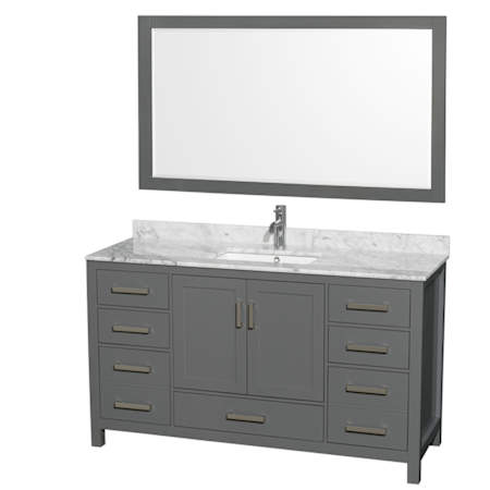 Wyndham Collection Sheffield 60" Free Standing Single Basin Vanity Set with Cabinet, Marble Vanity Top, and Framed Mirror Dark Gray / White Carrara Marble Top / Brushed Chrome Hardware