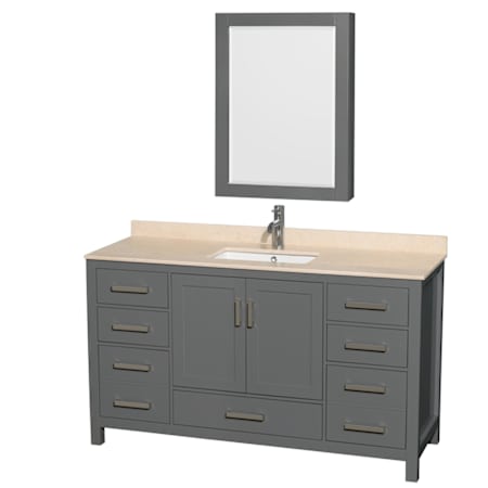 Wyndham Collection Sheffield 60" Free Standing Single Basin Vanity Set with Cabinet, Marble Vanity Top, and Medicine Cabinet Dark Gray / Ivory Top