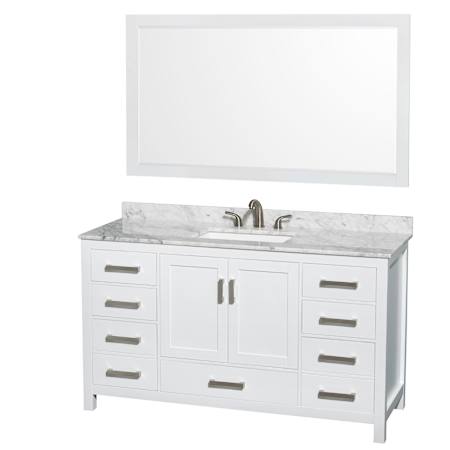 Wyndham Collection Sheffield 60" Free Standing Single Basin Vanity Set with Wood Cabinet, Marble Vanity Top, and Framed Mirror White / White Carrara Marble Top / Brushed Chrome Hardware