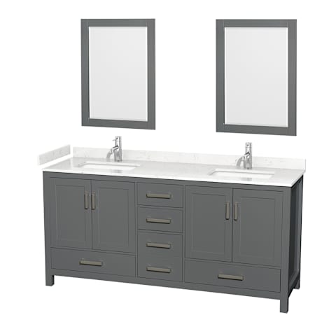 Wyndham Collection Sheffield 72" Free Standing Double Basin Vanity Set with Cabinet, Cultured Marble Vanity Top, and Framed Mirrors Dark Gray / Carrara Cultured Marble Top / Brushed Chrome Hardware