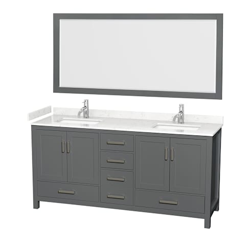 Wyndham Collection Sheffield 72" Free Standing Double Basin Vanity Set with Cabinet, Cultured Marble Vanity Top, and Framed Mirror Dark Gray / Carrara Cultured Marble Top / Brushed Chrome Hardware