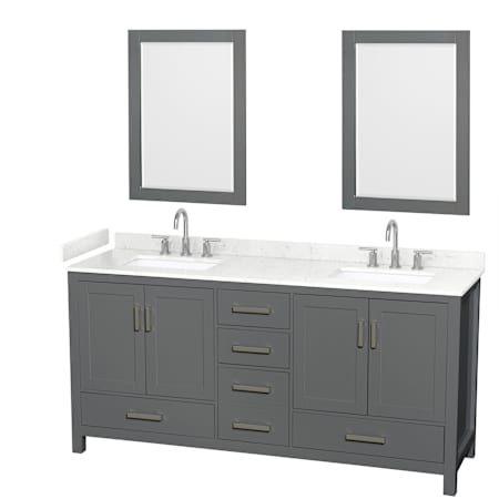 Wyndham Collection Sheffield 72" Free Standing Double Basin Vanity Set with Cabinet, Cultured Marble Vanity Top for Widespread Faucets, and Framed Mirror Set Dark Gray / Carrara Cultured Marble Top / Brushed Chrome Hardware