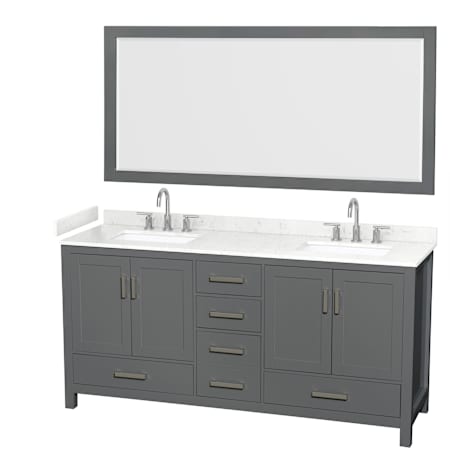 Wyndham Collection Sheffield 72" Free Standing Double Basin Vanity Set with Cabinet, Cultured Marble Vanity Top for Widespread Faucets, and Framed Mirror Dark Gray / Carrara Cultured Marble Top / Brushed Chrome Hardware