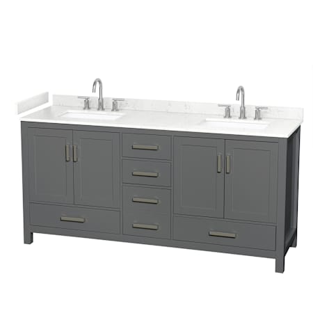 Wyndham Collection Sheffield 72" Free Standing Double Basin Vanity Set with Cabinet and Cultured Marble Vanity Top for Widespread Faucets Dark Gray / Carrara Cultured Marble Top / Brushed Chrome Hardware