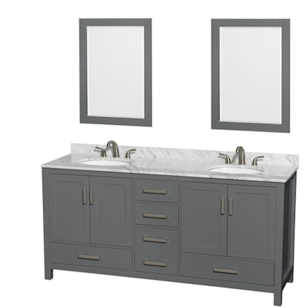Wyndham Collection Sheffield 72" Free Standing Double Basin Vanity Set with Hardwood Cabinet, Marble Vanity Top, Framed Mirrors, and Undermount Oval Sinks Dark Gray / White Carrara Marble Top / Brushed Chrome Hardware