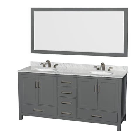 Wyndham Collection Sheffield 72" Free Standing Double Basin Vanity Set with Cabinet, Marble Vanity Top, and Framed Mirror Dark Gray / White Carrara Marble Top / Brushed Chrome Hardware