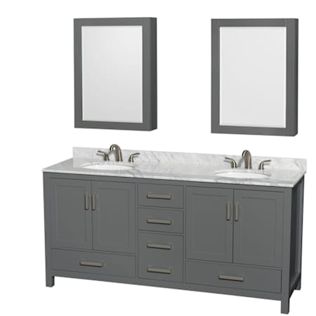 Wyndham Collection Sheffield 72" Free Standing Double Basin Vanity Set with Cabinet, Marble Vanity Top, and Medicine Cabinets Dark Gray / White Carrara Marble Top / Brushed Chrome Hardware